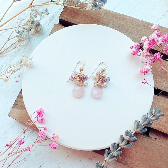 New Rose Quartz with Tiny Gemstones Cluster Earrings | Handmade in BC - Picture 1 of 4